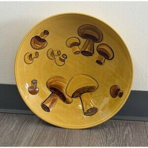 VINTAGE Los Angeles Pottery or Pasta Bowl Yellow Mushrooms 14" EUC